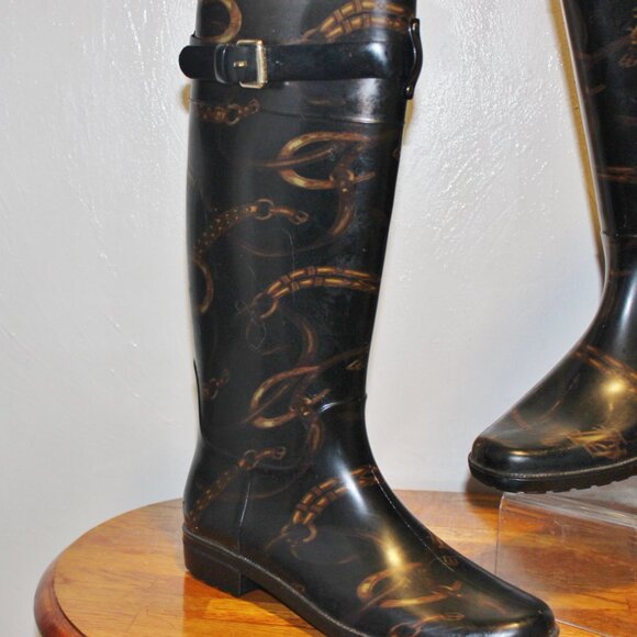 $195 Like New Ralph Lauren Buckle Top Logo Equestrian Rubber Boots - Picture 2 of 10